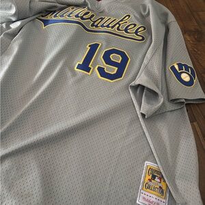 Mitchell & Ness Gray Baseball Jersey with Blue and Yellow Accents